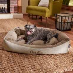 Frisco Rectangular Personalized Bolster Dog Bed W/Removable Cover, Beige, Large